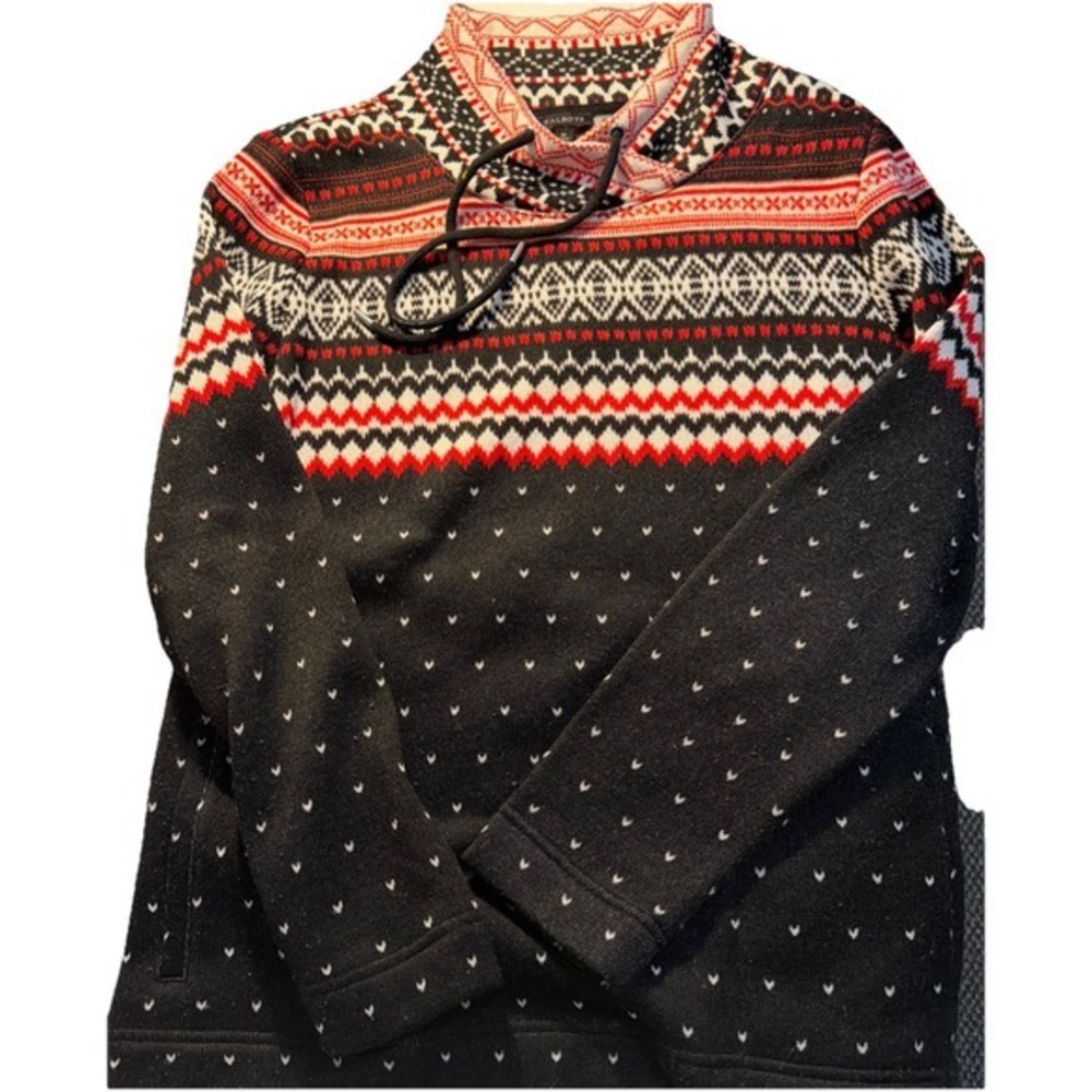 Talbots Women's Medium‎ Sweater Black Red White Design Pockets & Tie Neck 4003